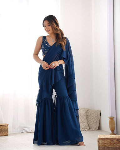 Festive Wear Teal Blue Color Pure Fox Georgette Fabric,Fancy Work Ready To Wear Saree