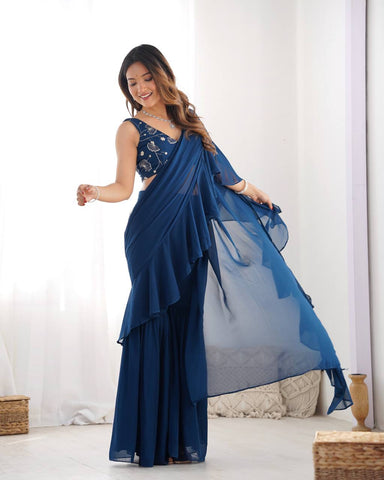 Festive Wear Teal Blue Color Pure Fox Georgette Fabric,Fancy Work Ready To Wear Saree