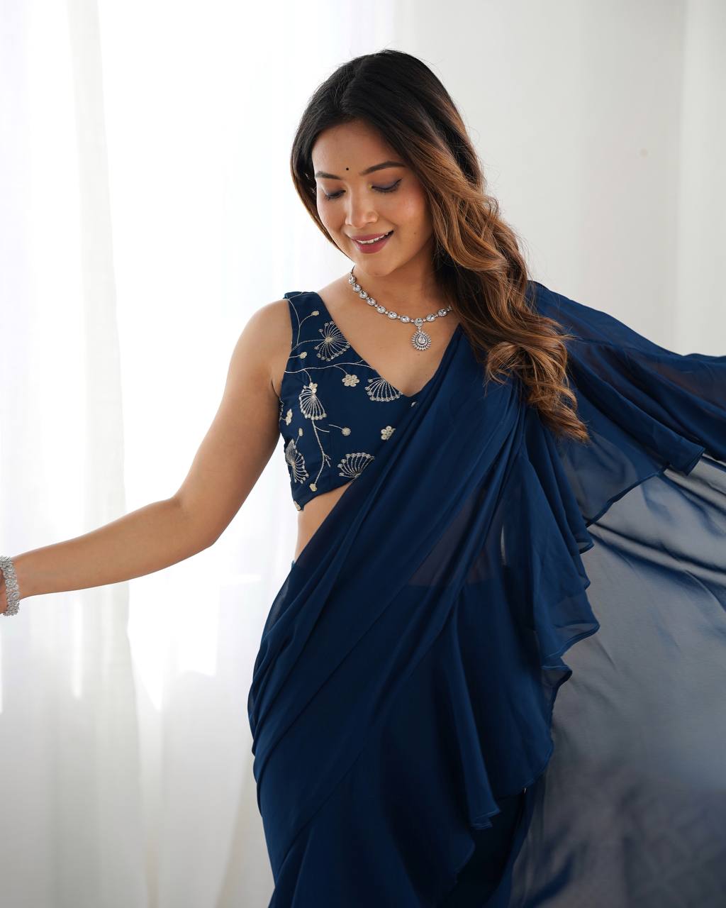 Festive Wear Teal Blue Color Pure Fox Georgette Fabric,Fancy Work Ready To Wear Saree