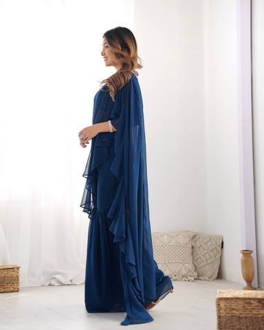Festive Wear Teal Blue Color Pure Fox Georgette Fabric,Fancy Work Ready To Wear Saree
