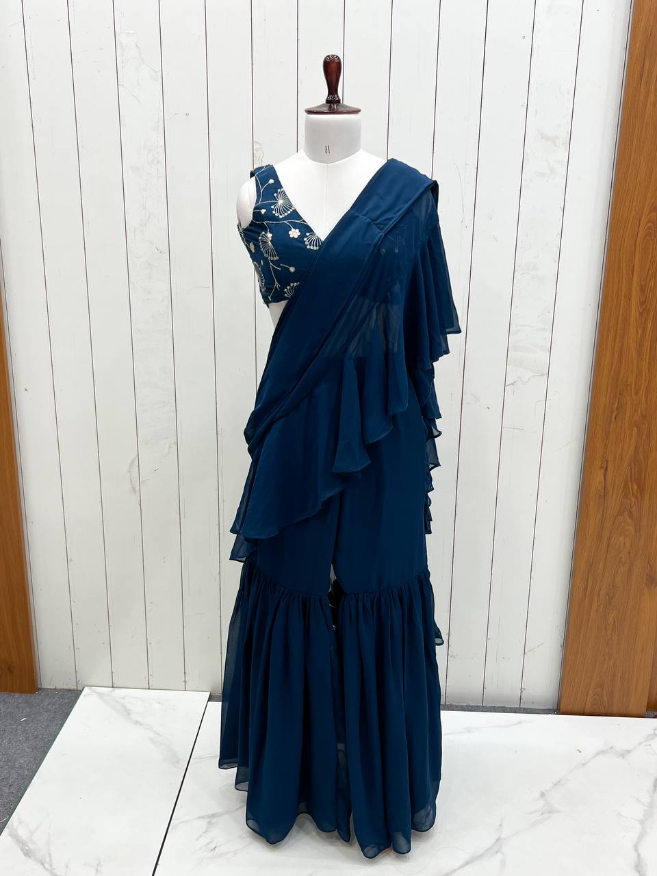 Festive Wear Teal Blue Color Pure Fox Georgette Fabric,Fancy Work Ready To Wear Saree