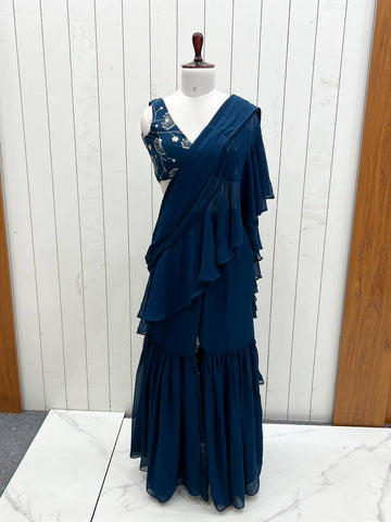 Festive Wear Teal Blue Color Pure Fox Georgette Fabric,Fancy Work Ready To Wear Saree