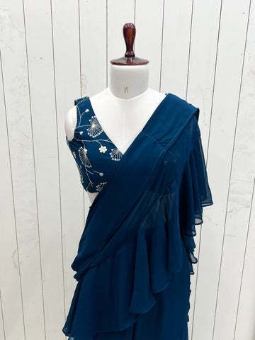 Festive Wear Teal Blue Color Pure Fox Georgette Fabric,Fancy Work Ready To Wear Saree
