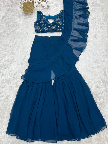 Festive Wear Teal Blue Color Pure Fox Georgette Fabric,Fancy Work Ready To Wear Saree