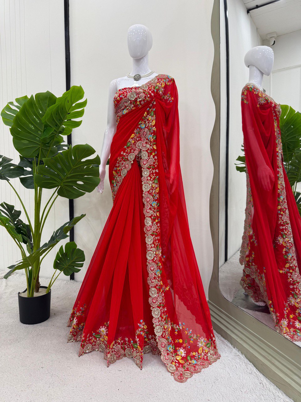 Exclusive Red Color Faux Georgette Thread And Sequence Work Saree