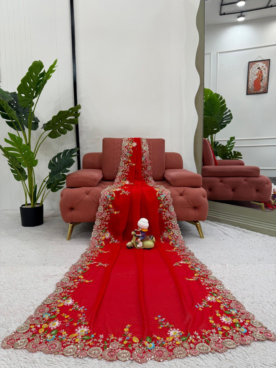 Exclusive Red Color Faux Georgette Thread And Sequence Work Saree