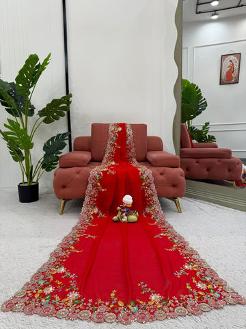 Exclusive Red Color Faux Georgette Thread And Sequence Work Saree