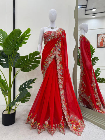 Exclusive Red Color Faux Georgette Thread And Sequence Work Saree