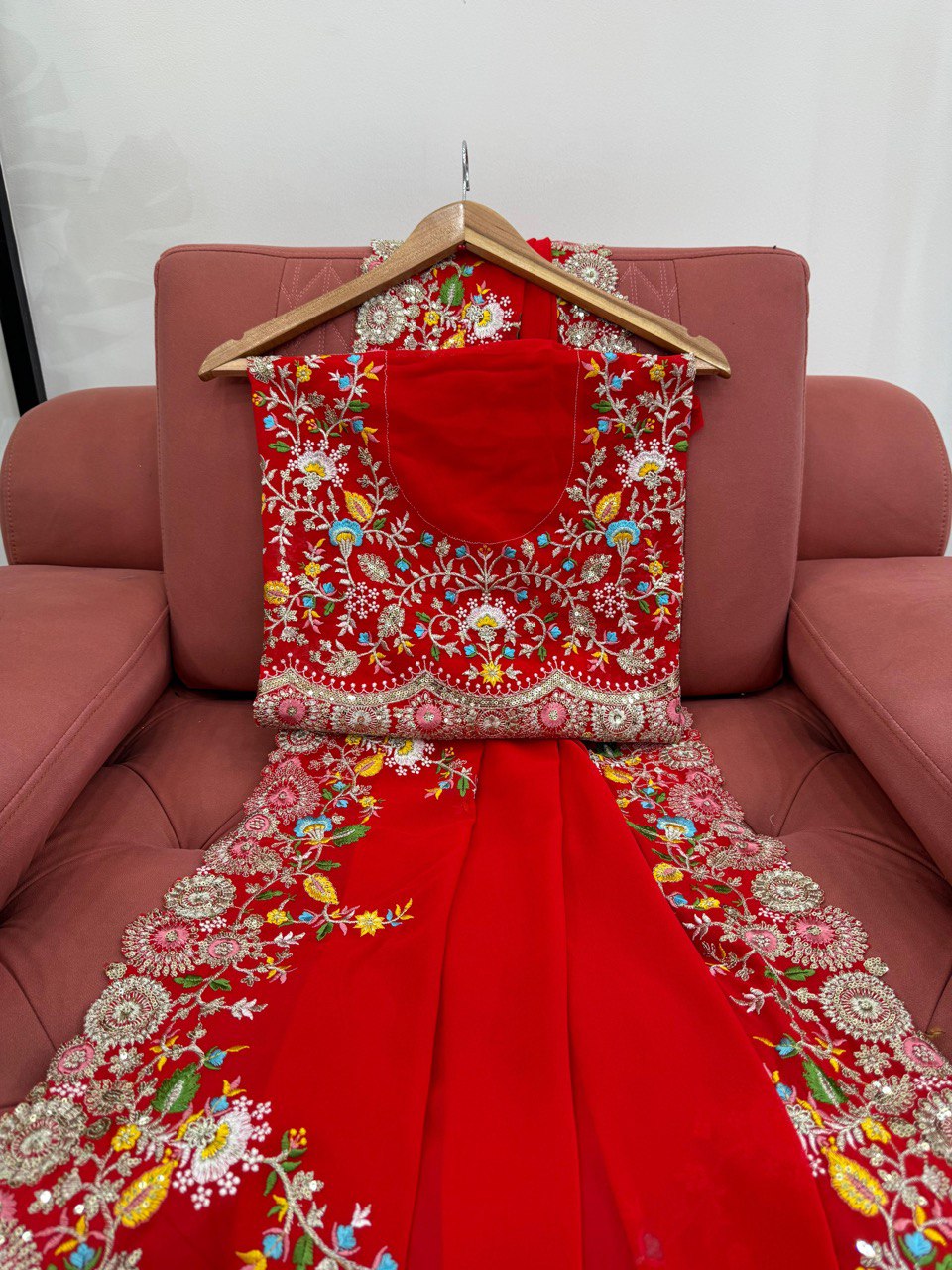 Exclusive Red Color Faux Georgette Thread And Sequence Work Saree