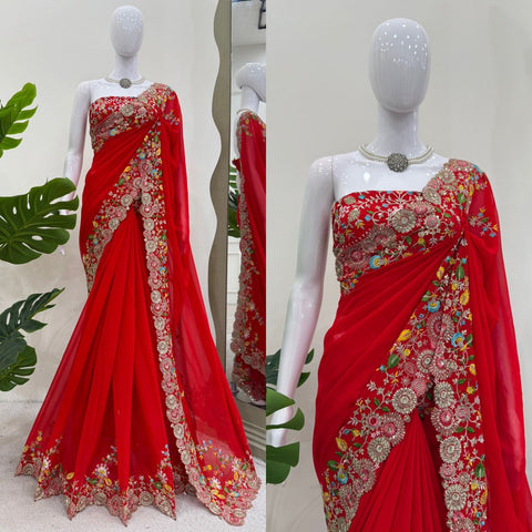 Exclusive Red Color Faux Georgette Thread And Sequence Work Saree