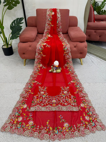 Exclusive Red Color Faux Georgette Thread And Sequence Work Saree