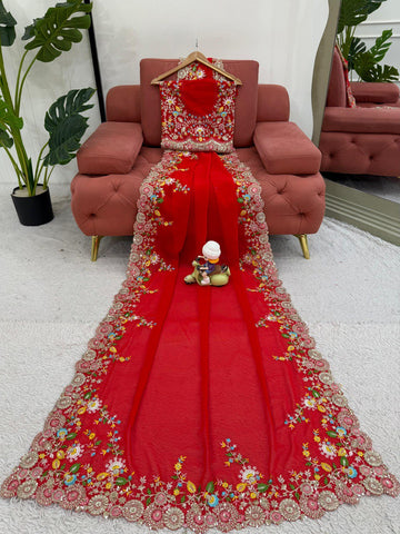 Exclusive Red Color Faux Georgette Thread And Sequence Work Saree