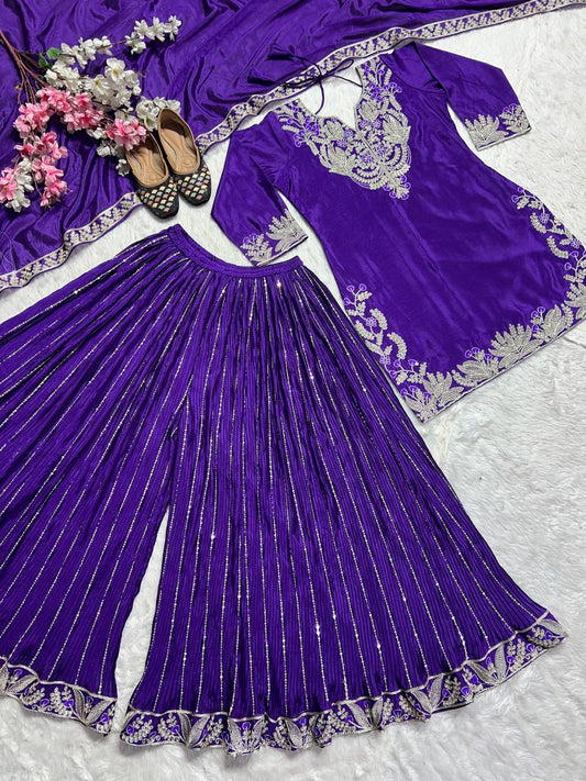 Luxuriant Royal Blue Color Pure Heavy Chinon Silk With Heavy Embroidery Coding Sequence Work Sharara Suit