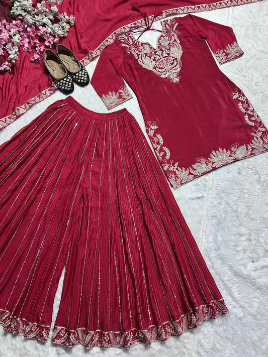 Captivating Pink Color Pure Heavy Chinon Silk With Heavy Embroidery Coding Sequence Work Sharara Suit