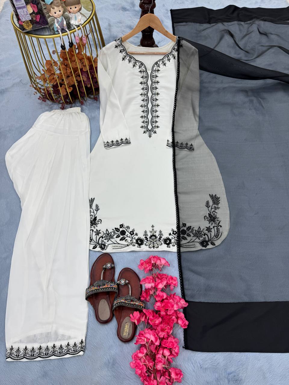 Function Wear White Color Pure Natural Crepe With Beads Hand Work Embroidery Work Palazzo Suit