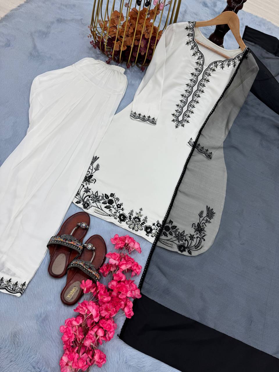 Function Wear White Color Pure Natural Crepe With Beads Hand Work Embroidery Work Palazzo Suit