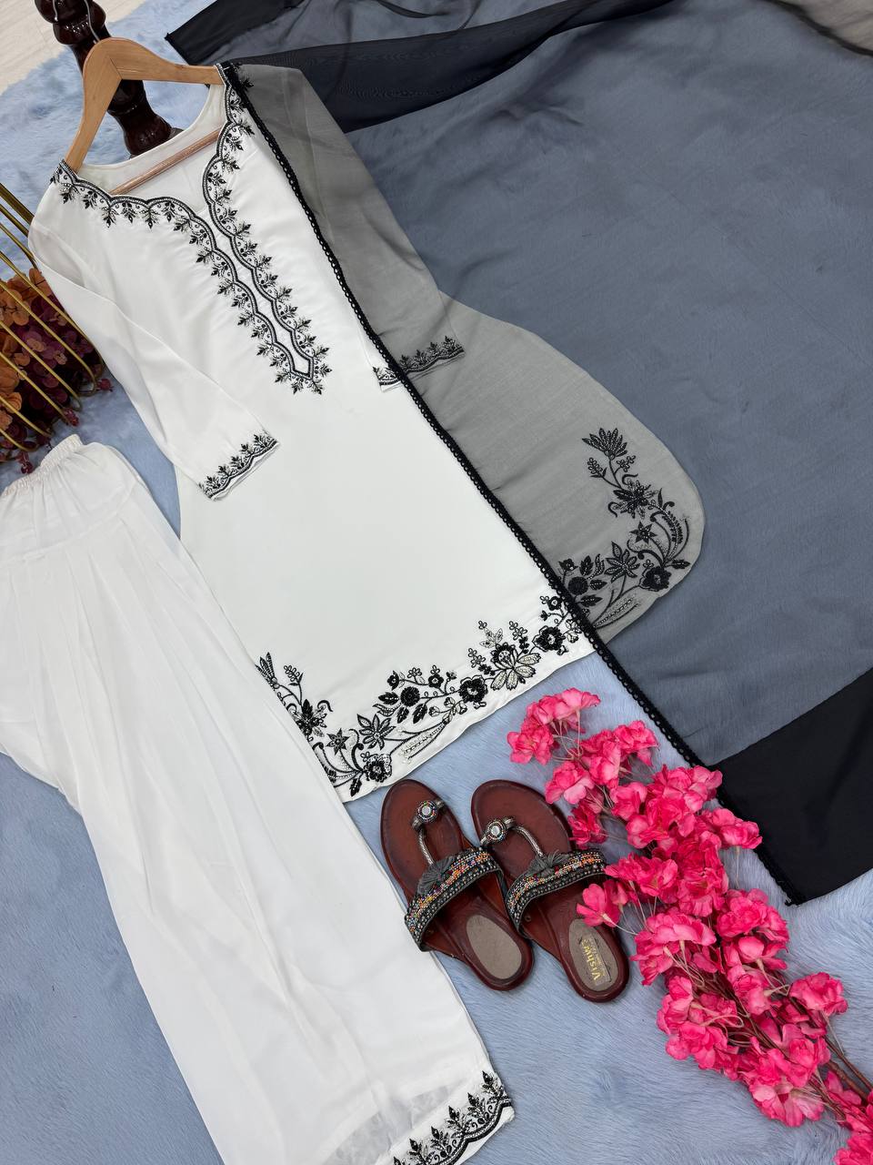 Function Wear White Color Pure Natural Crepe With Beads Hand Work Embroidery Work Palazzo Suit