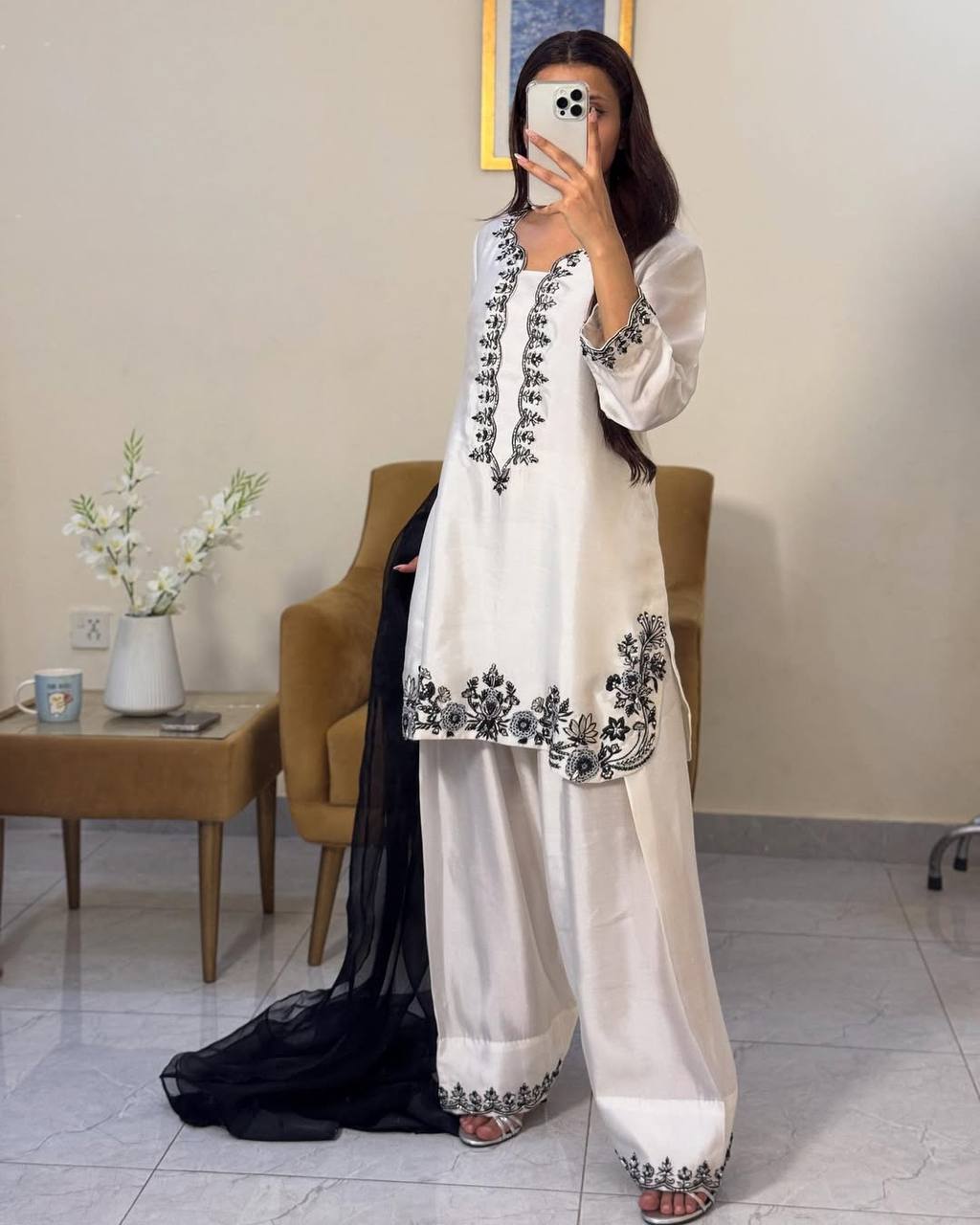 Function Wear White Color Pure Natural Crepe With Beads Hand Work Embroidery Work Palazzo Suit