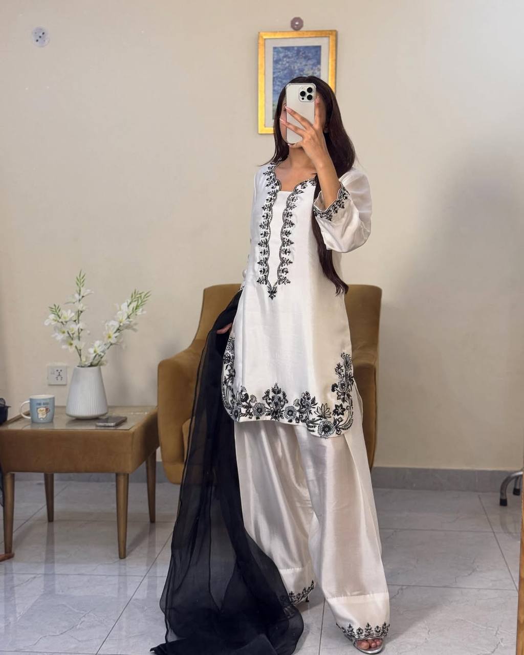 Function Wear White Color Pure Natural Crepe With Beads Hand Work Embroidery Work Palazzo Suit
