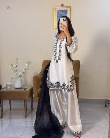 Function Wear White Color Pure Natural Crepe With Beads Hand Work Embroidery Work Palazzo Suit