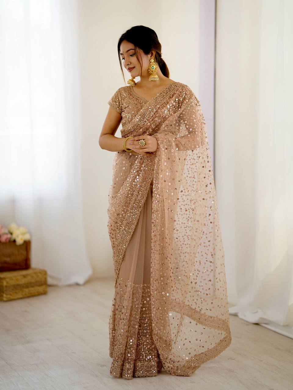 Wedding Wear Beige Color Net With Sequins Dori Work Designer Saree