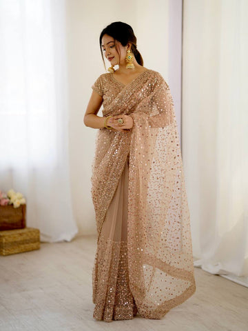Wedding Wear Beige Color Net With Sequins Dori Work Designer Saree