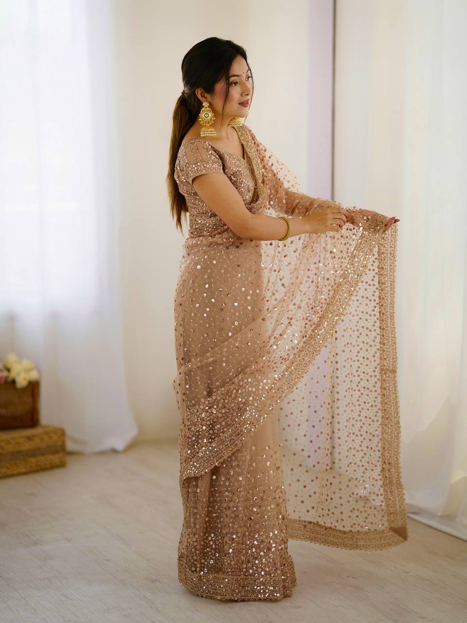 Wedding Wear Beige Color Net With Sequins Dori Work Designer Saree
