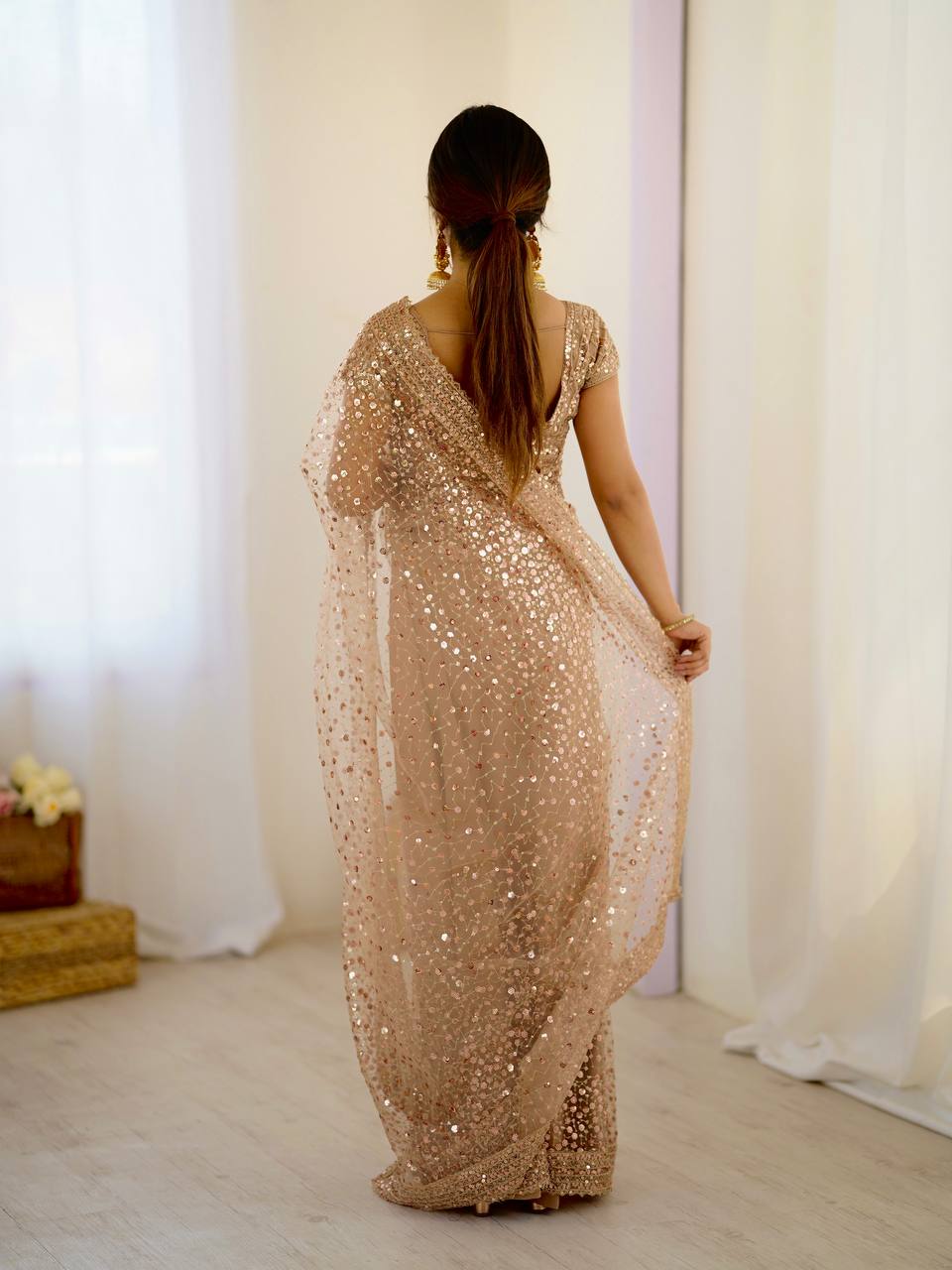 Wedding Wear Beige Color Net With Sequins Dori Work Designer Saree