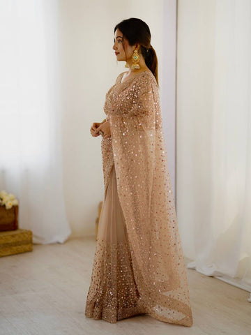 Wedding Wear Beige Color Net With Sequins Dori Work Designer Saree