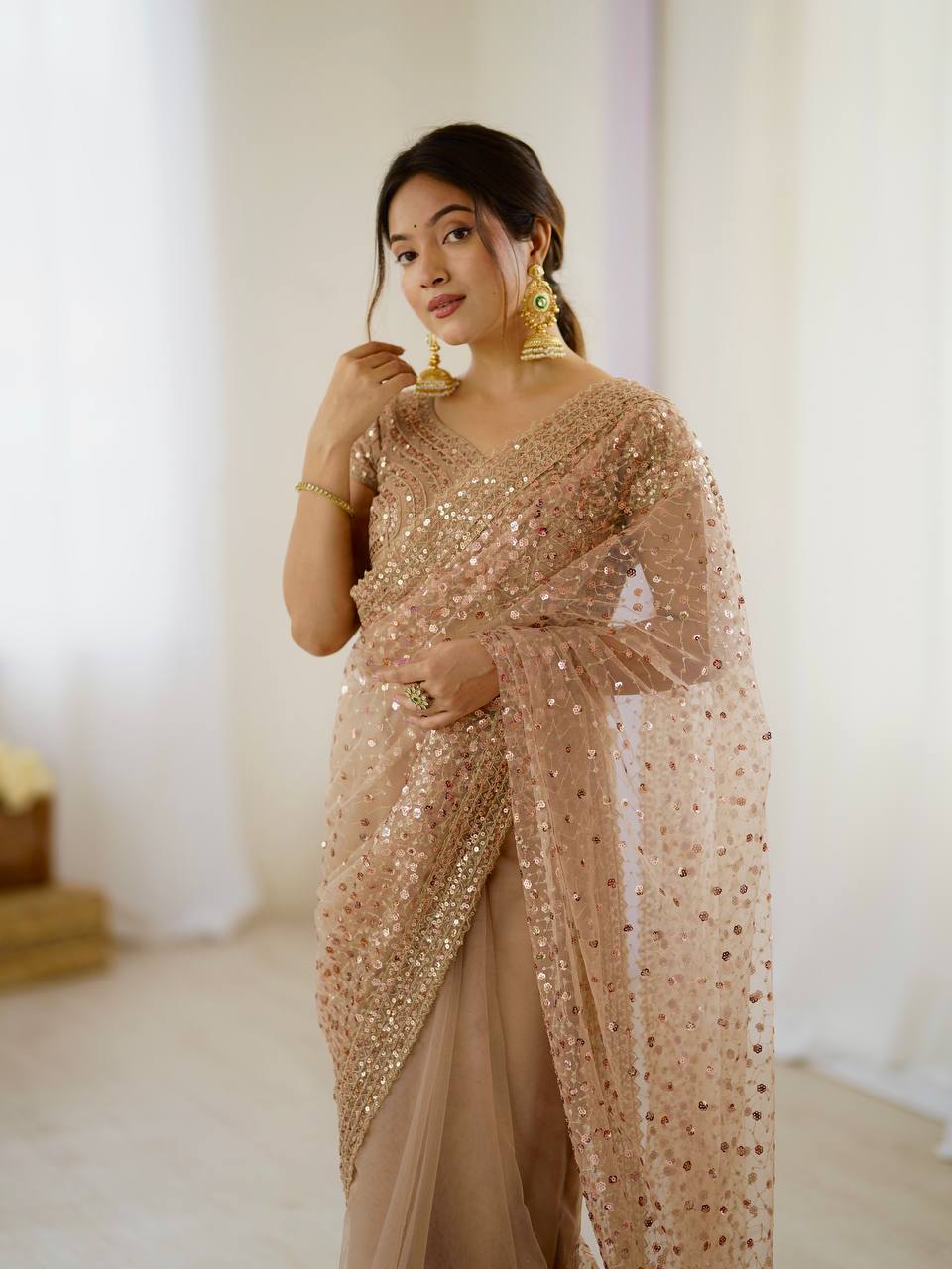 Wedding Wear Beige Color Net With Sequins Dori Work Designer Saree
