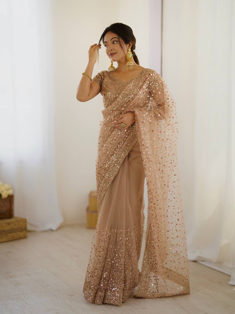Wedding Wear Beige Color Net With Sequins Dori Work Designer Saree
