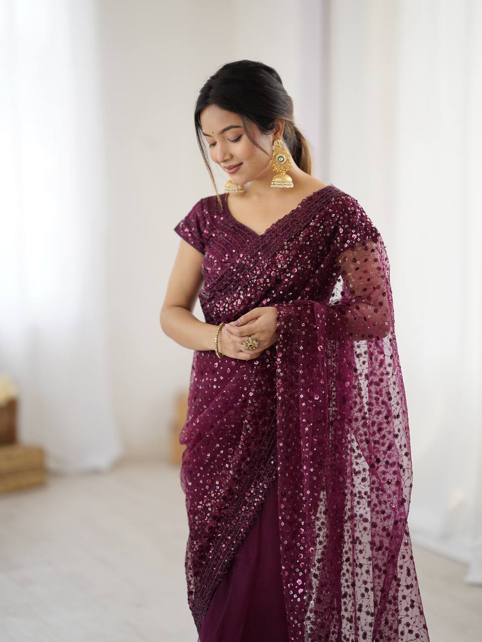 Wedding Wear Wine Color Net With Sequins Dori Work Designer Saree