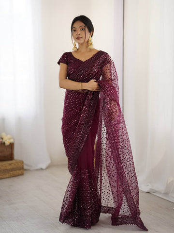 Wedding Wear Wine Color Net With Sequins Dori Work Designer Saree