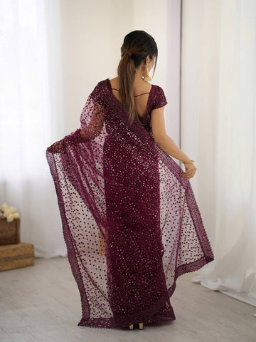 Wedding Wear Wine Color Net With Sequins Dori Work Designer Saree