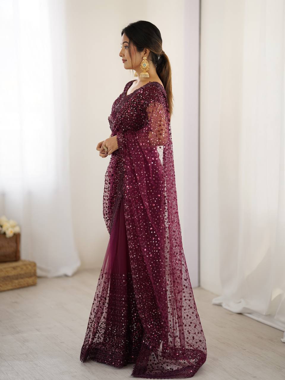Wedding Wear Wine Color Net With Sequins Dori Work Designer Saree