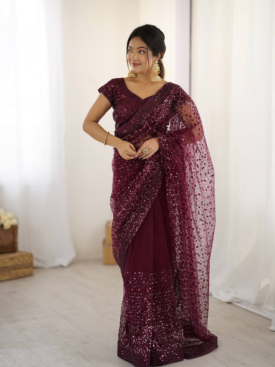 Wedding Wear Wine Color Net With Sequins Dori Work Designer Saree