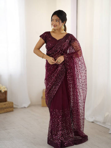 Wedding Wear Wine Color Net With Sequins Dori Work Designer Saree