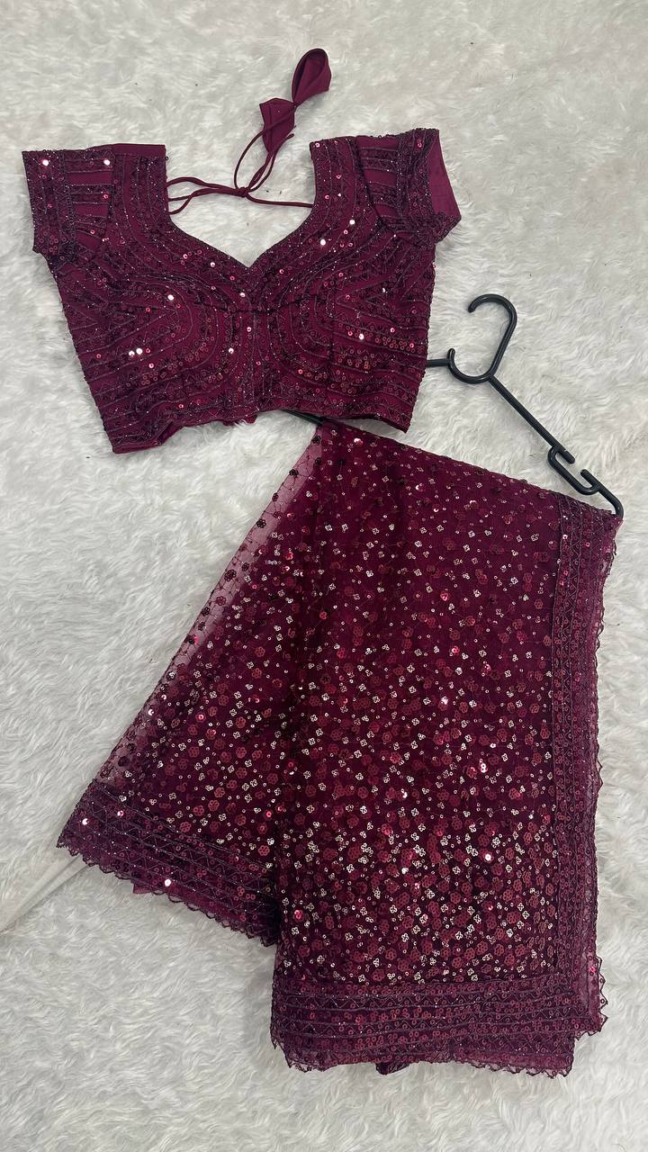 Wedding Wear Wine Color Net With Sequins Dori Work Designer Saree