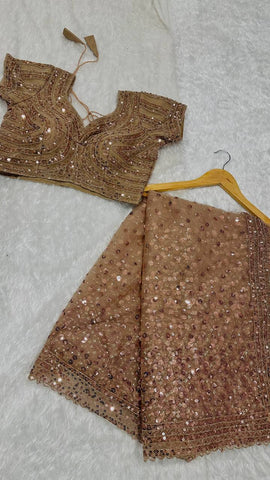 Wedding Wear Beige Color Net With Sequins Dori Work Designer Saree
