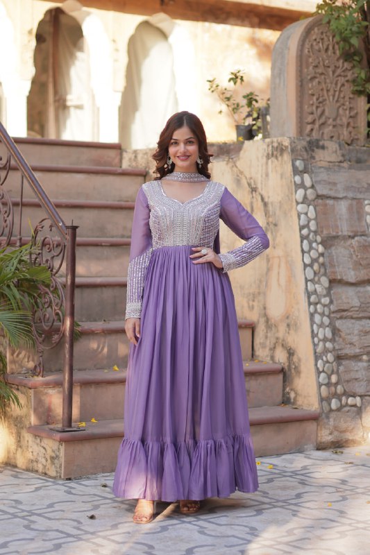 Glorious Lavender Color Star Georgette With Embroidery Beads Sequins Work Designer Gown