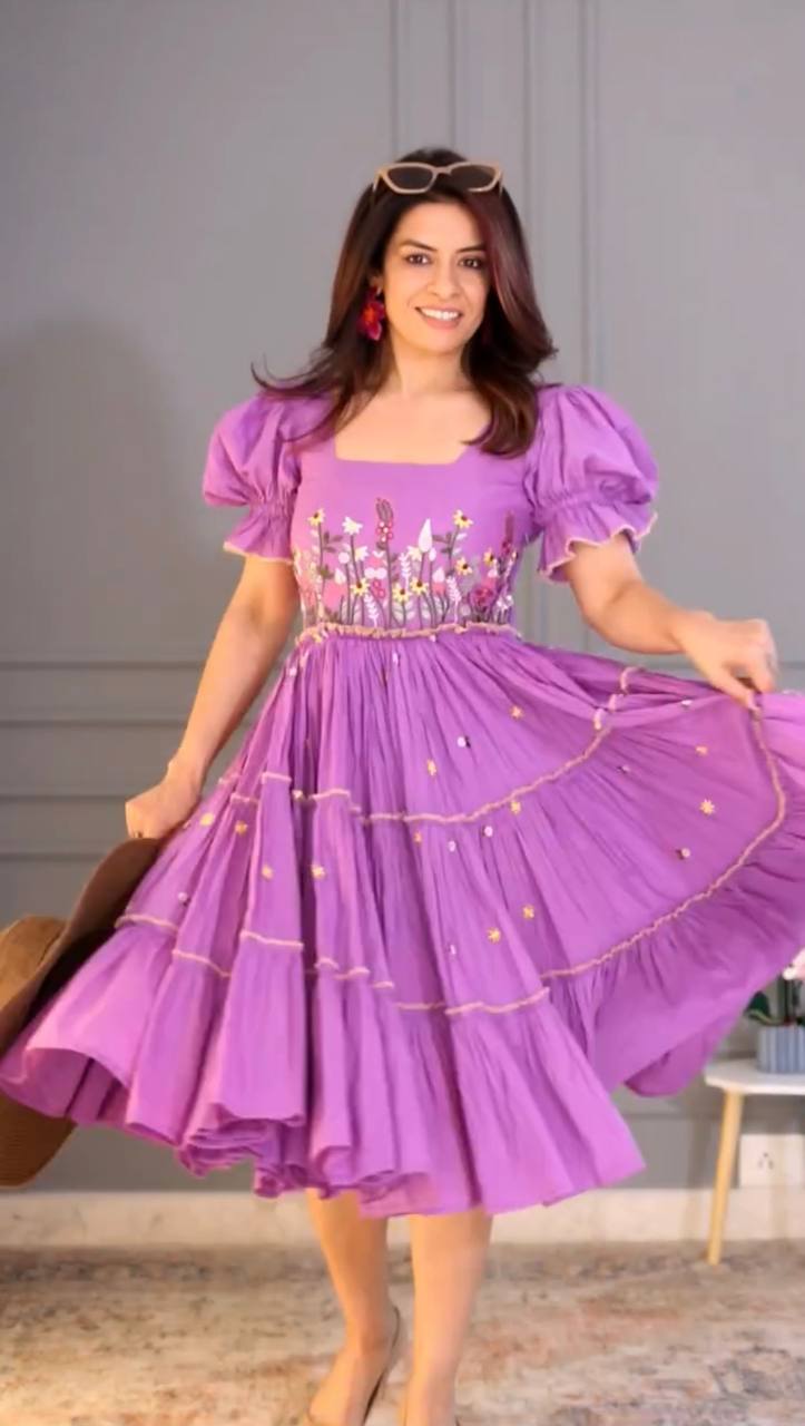 Beautiful Lavender Color 12Kg Rayon Embroidery Work Beautiful Gown