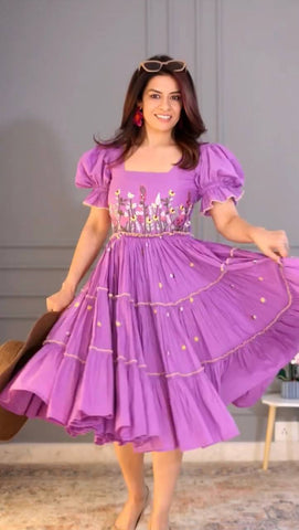 Beautiful Lavender Color 12Kg Rayon Embroidery Work Beautiful Gown