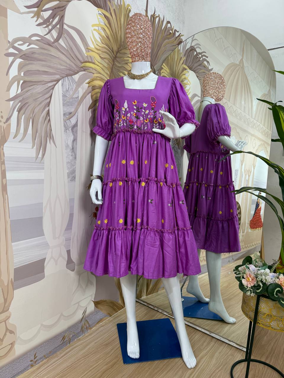 Beautiful Lavender Color 12Kg Rayon Embroidery Work Beautiful Gown