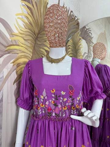 Beautiful Lavender Color 12Kg Rayon Embroidery Work Beautiful Gown