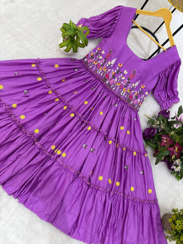 Beautiful Lavender Color 12Kg Rayon Embroidery Work Beautiful Gown