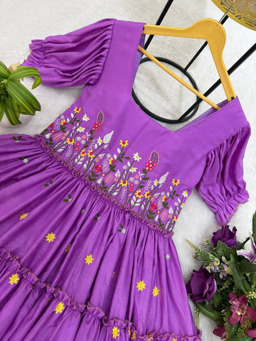 Beautiful Lavender Color 12Kg Rayon Embroidery Work Beautiful Gown