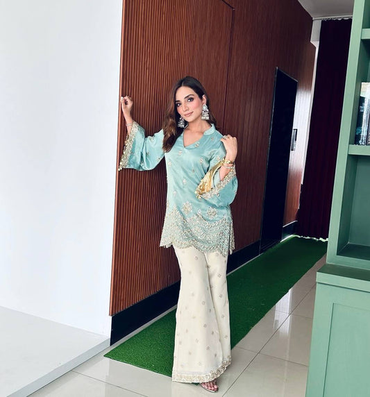 Function Wear Sky Blue Color Heavy French Crepe With Embroidery Sequins Work Palazzo Suit