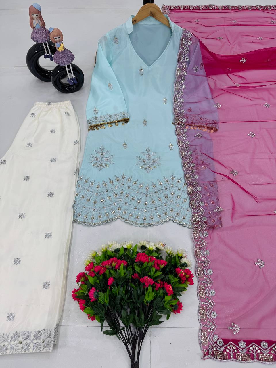 Function Wear Sky Blue Color Heavy French Crepe With Embroidery Sequins Work Palazzo Suit