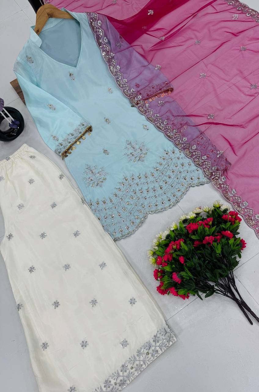 Function Wear Sky Blue Color Heavy French Crepe With Embroidery Sequins Work Palazzo Suit
