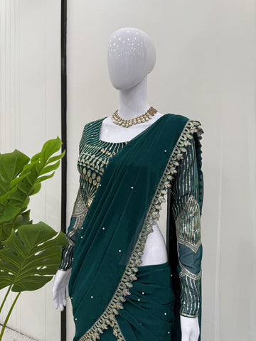Classic Green Color Faux Georgette Thread With Sequence Work Ready To Wear Lehenga Saree
